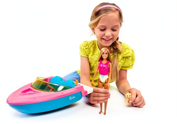 Barbie Floatable Speedboat with Pink Blue Design and Puppy Seat-1