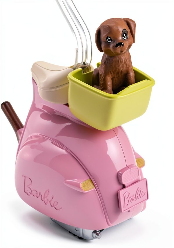 Mattel Barbie Doll Scooter Pink Yellow with Helmet and Puppy Basket-3