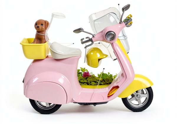Mattel Barbie Doll Scooter Pink Yellow with Helmet and Puppy Basket-5