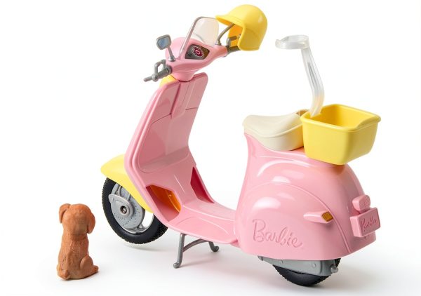 Mattel Barbie Doll Scooter Pink Yellow with Helmet and Puppy Basket-2