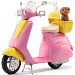 Mattel Barbie Doll Scooter Pink Yellow with Helmet and Puppy Basket-0