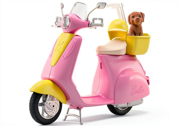 Mattel Barbie Doll Scooter Pink Yellow with Helmet and Puppy Basket-0