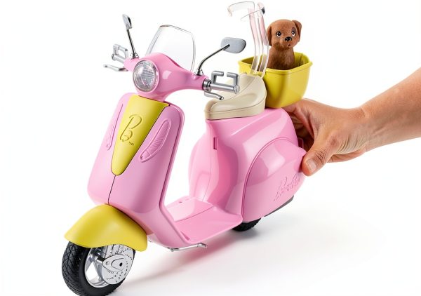 Mattel Barbie Doll Scooter Pink Yellow with Helmet and Puppy Basket-1