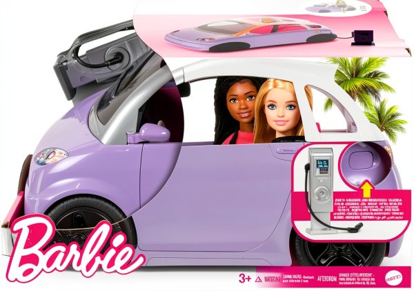 Barbie Doll Accessories, Toy Car Electric Vehicle with Charging Station, Plug & Sunroof, Purple 2-Seater Transforms into Convertible-5