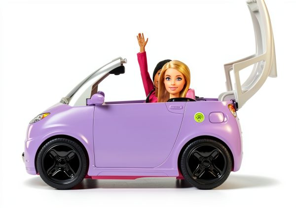Barbie Doll Accessories, Toy Car Electric Vehicle with Charging Station, Plug & Sunroof, Purple 2-Seater Transforms into Convertible-2