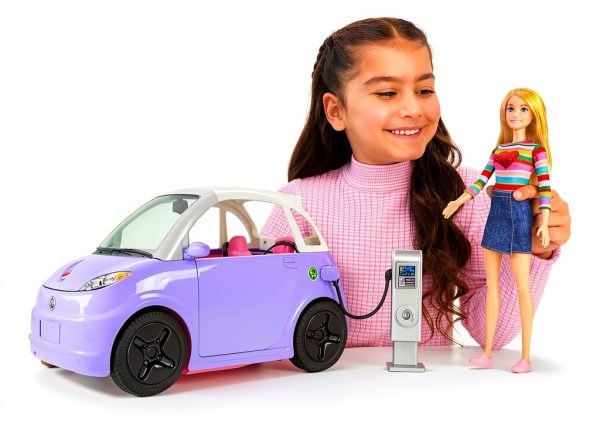 Barbie Doll Accessories, Toy Car Electric Vehicle with Charging Station, Plug & Sunroof, Purple 2-Seater Transforms into Convertible-1