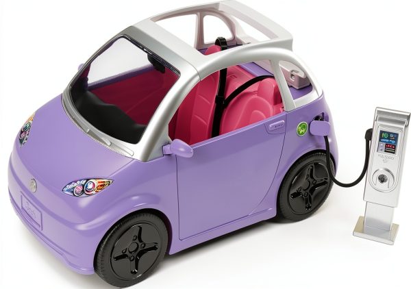 Barbie Doll Accessories, Toy Car Electric Vehicle with Charging Station, Plug & Sunroof, Purple 2-Seater Transforms into Convertible-0